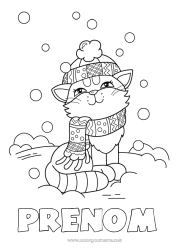 Coloriage gratuit Mignon Chat Neige Hiver Animal Chiens et chats Bonnet d'hiver