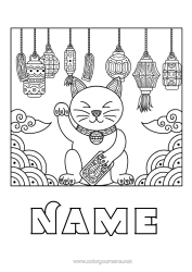 Free colouring Cat Chinese lantern Fortune Japan Maneki Neko Dogs and cats