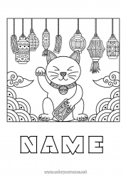 Free coloring Cat Chinese lantern Luck Japan Maneki Neko Dog and cat