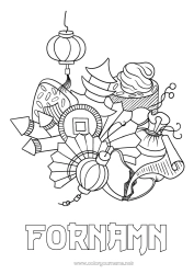 Gratis färgläggning Kinesiskt nyår Kinesisk lykta Symboler Fläkt