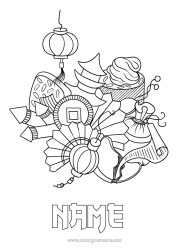 Colouring to customise Chinese New Year Chinese Lantern Symbols Fan