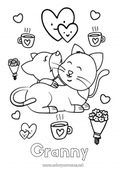 Child coloring page Heart Cat Mum Grandma I love you Animal Valentine's Day Dog and cat