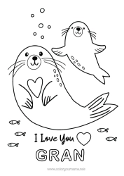 Free colouring Heart Dad Mum Grandma I love you. Sea Animal Seal