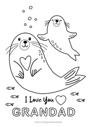 Free colouring Heart Dad Mum Grandma I love you. Sea Animal Seal