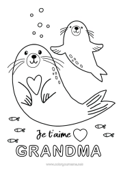 Free coloring Heart Dad Mum Grandma I love you Sea Animal Seal 