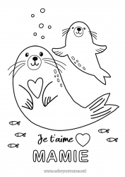 Coloriage enfant Coeur Papa Maman Mamie Je t'aime Mer Animal Phoque 