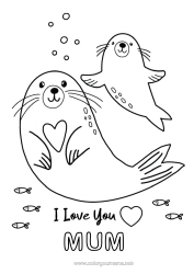 Free colouring Heart Dad Mum Grandma I love you. Sea Animal Seal