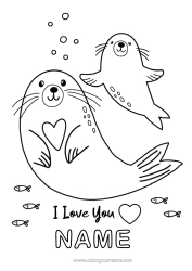 Colouring to customise Heart Dad Mum Grandma I Love You. Sea Animal Seal "I Love You" Animal Family Cub