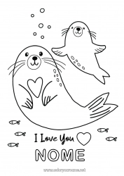 Página de desenho infantil Coração Papai Mamãe Vovó Eu te amo Mar Animal Foca Mensagem de 