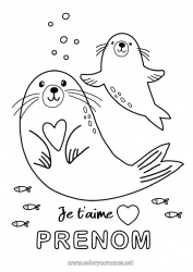 Coloriage enfant Coeur Papa Maman Mamie Je t'aime Mer Animal Phoque 