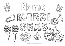 Free colouring Mask Carnival Mardi Gras Maracas Musical instruments