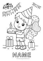 Free colouring Candle Cake Gifts Birthday Balloons Party Boy Intermediate colouring sheets Happy birthday message Customisable age celebrated