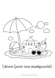 Färgläggningssida för barn Semester Sommar Strand Lätta målarbilder Sandcastle Parasoll Solsken glasögon