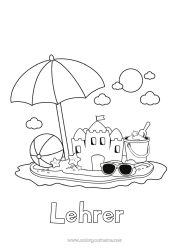 Kinder-Malvorlage Urlaub Sommer Strand Einfache Ausmalbilder Sandburg Sonnenschirm Sonnenbrille