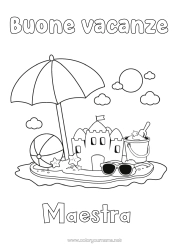 Colorazione gratuita Vacanze Estate Spiaggia Disegni da colorare facili Castello di sabbia Ombrellone Occhiali da sole