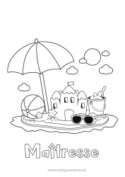 Coloriage enfant Vacances Été Plage Coloriages faciles Château de sable Parasol