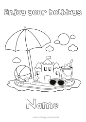 Free colouring Holidays Summer Beach Easy colouring pages Sandcastle Parasol Sunglasses