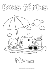Desenho grátis Férias Verão Praia Desenhos para colorir fáceis Castelo de areia Guarda-sol Óculos de sol