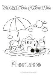 Pagină de colorat gratuită Vacanțe Vara Plajă Desene de colorat ușoare Castel de nisip Umbrelă de soare Ochelari de soare