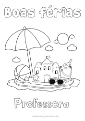 Desenho grátis Férias Verão Praia Desenhos para colorir fáceis Castelo de areia Guarda-sol Óculos de sol