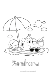 Página de desenho infantil Férias Verão Praia Desenhos para colorir fáceis Castelo de areia Guarda-sol Óculos de sol