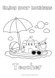 Free colouring Holidays Summer Beach Easy colouring pages Sandcastle Parasol Sunglasses