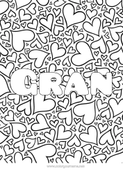 Free colouring Heart Dad Mum Grandma Grandad I love you. Sister Brother Decorated name