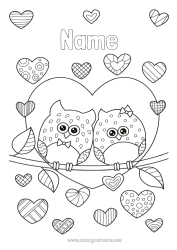 Free colouring Heart I love you. Owl, Tawny owl Animal Valentine's Day Birds and flying mammals