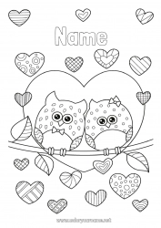 Coloring to customize Heart I love you Owl Animal Valentine's Day Flying birds and mammals