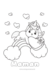 Coloriage enfant Mignon Maman Licorne Je t'aime Animal Arc en ciel 