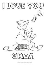 Free colouring Dad Mum Grandma Grandad Fox I love you. Butterfly Animal