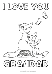 Free colouring Dad Mum Grandma Grandad Fox I love you. Butterfly Animal