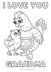 Free coloring Mum Grandma Hen Chick I love you Animal 