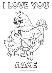 Free colouring Mum Grandma Hen Chick I love you. Animal 