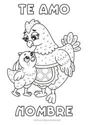 Colorear para personalizar Mamá Abuela Gallina Pollito Te amo Animales Mensaje 