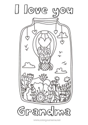 Free coloring Flowers Calm and zen Dad Mum Grandma Grandpa I love you Hot air balloon 