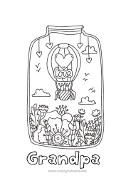 Child coloring page Flowers Calm and zen Dad Mum Grandma Grandpa I love you Hot air balloon 