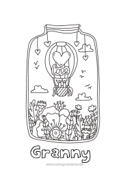 Child coloring page Flowers Calm and zen Dad Mum Grandma Grandpa I love you Hot air balloon 