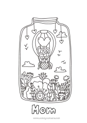 Child coloring page Flowers Calm and zen Dad Mum Grandma Grandpa I love you Hot air balloon 