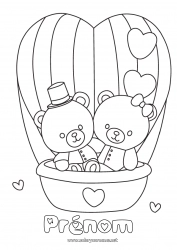 Coloriage gratuit Ours Coeur Ourson Montgolfière Animaux de la forêt Véhicules aériens