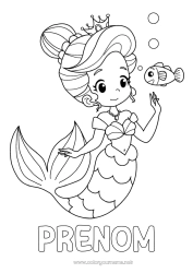 Coloriage gratuit Princesse Mer Poisson Sirène Conte de fées Animaux marins ou aquatique