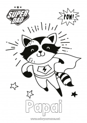 Página de desenho infantil Fantasia Papai Feliz Aniversário Herói Animais da floresta Emblema super Guaxinim