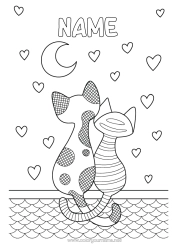 Free colouring Heart Cat I love you. Animal Dogs and cats