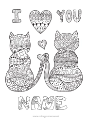 Free colouring Heart Cat I love you. Animal Valentine's Day Dogs and cats