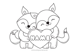 Free colouring Heart Fox I love you. Animal Forest animals