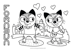 Gratis farvelægning Hjerte Kat Jeg elsker dig. Dyr Valentinsdag Hunde og katte