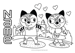 Free colouring Heart Cat I love you. Animal Valentine's Day Dogs and cats