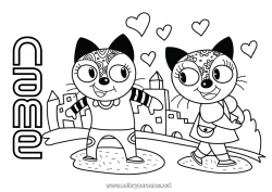 Free coloring Heart Cat I love you Animal Valentine's Day Dog and cat