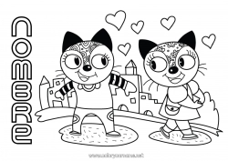 Colorear gratis Corazón Cat Te amo Animales Día de San Valentín Perros y gatos