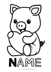 Colouring to customise Heart Pig I Love You. Animal Valentine's Day Farm Animals